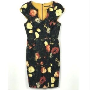 Black halo yellow floral cap sleeve dress
